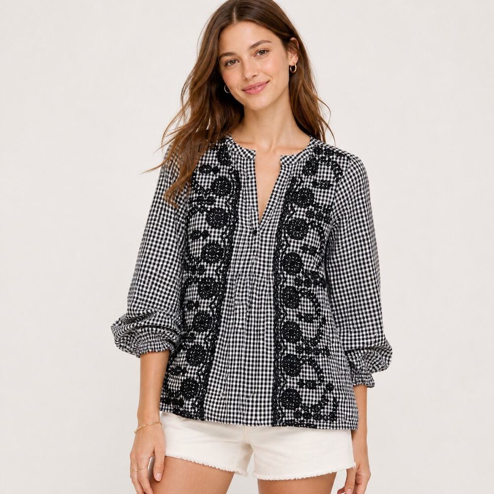 J.Crew Gingham Popover Top Medium Black White Cotton Eyelet Coastal Preppy